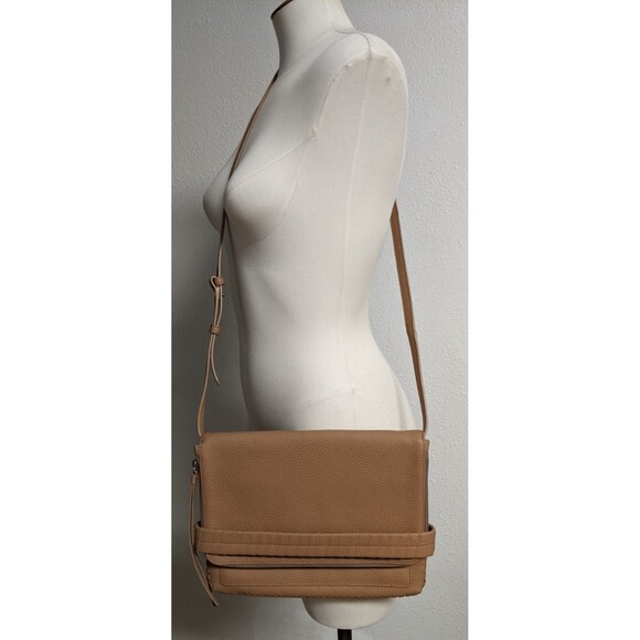 AllSaints Club Clutch Crossbody Tan Leather East West Foldover Flap Bag - Picture 2 of 16
